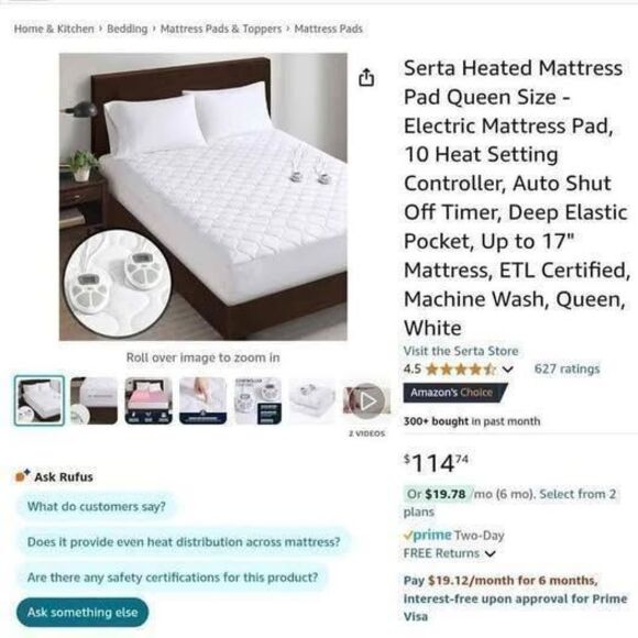 Serta Heated Mattress Pad – Queen Size, Dual Control, 10 Settings – New - Picture 2 of 3